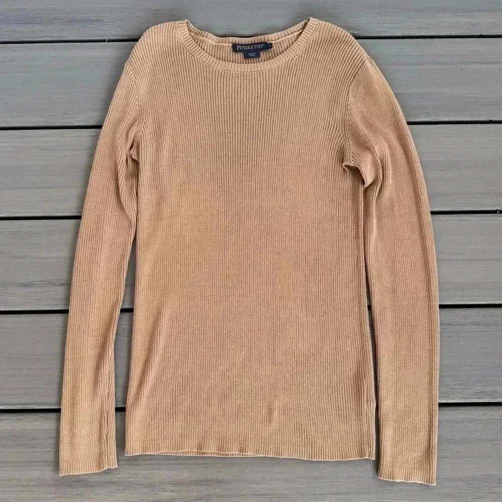 Pendleton Women’s Ribbed Silk Blend Pullover Sweater Size Large Dark Tan‎